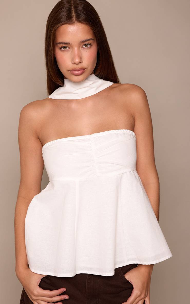 Blanc Top Bandeau En Lin Avec Détail Foulard