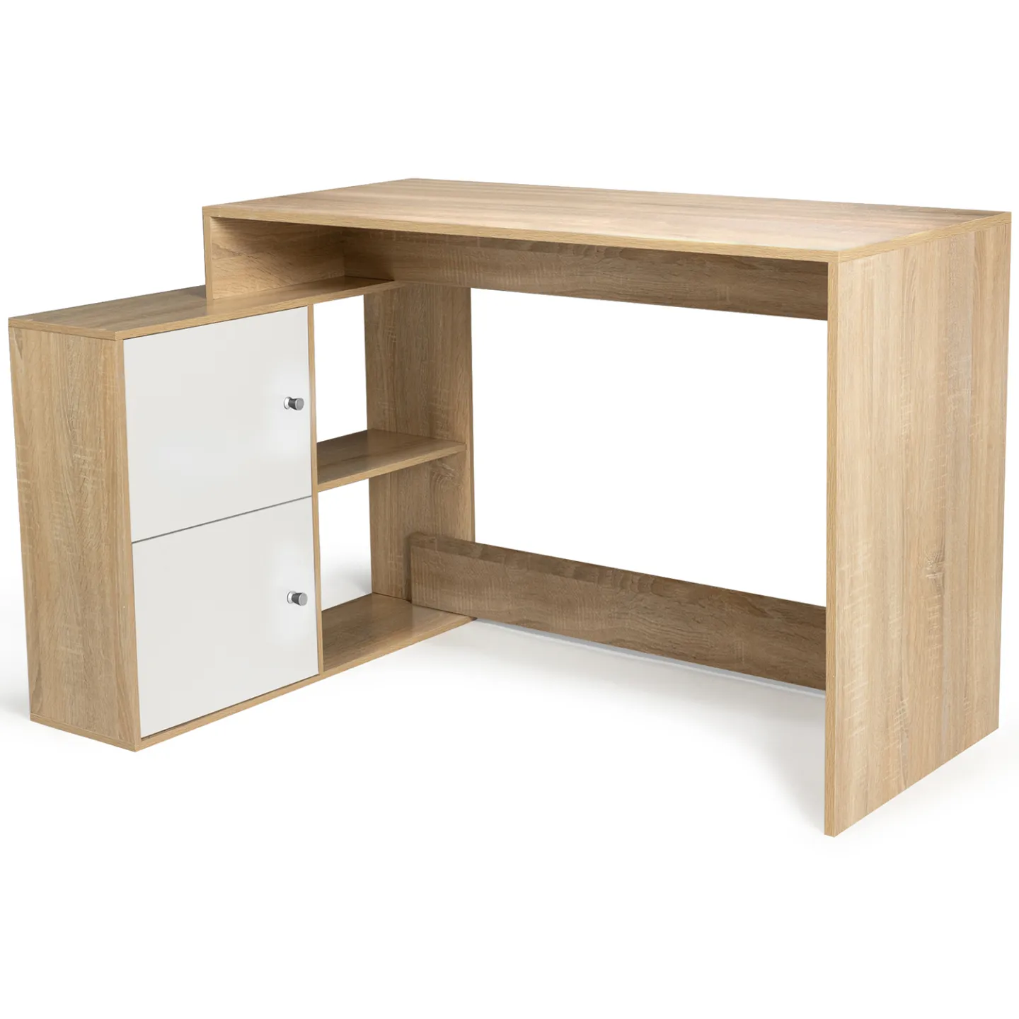 Bureau d'angle en forme de L BOB avec portes façon hêtre et blanc