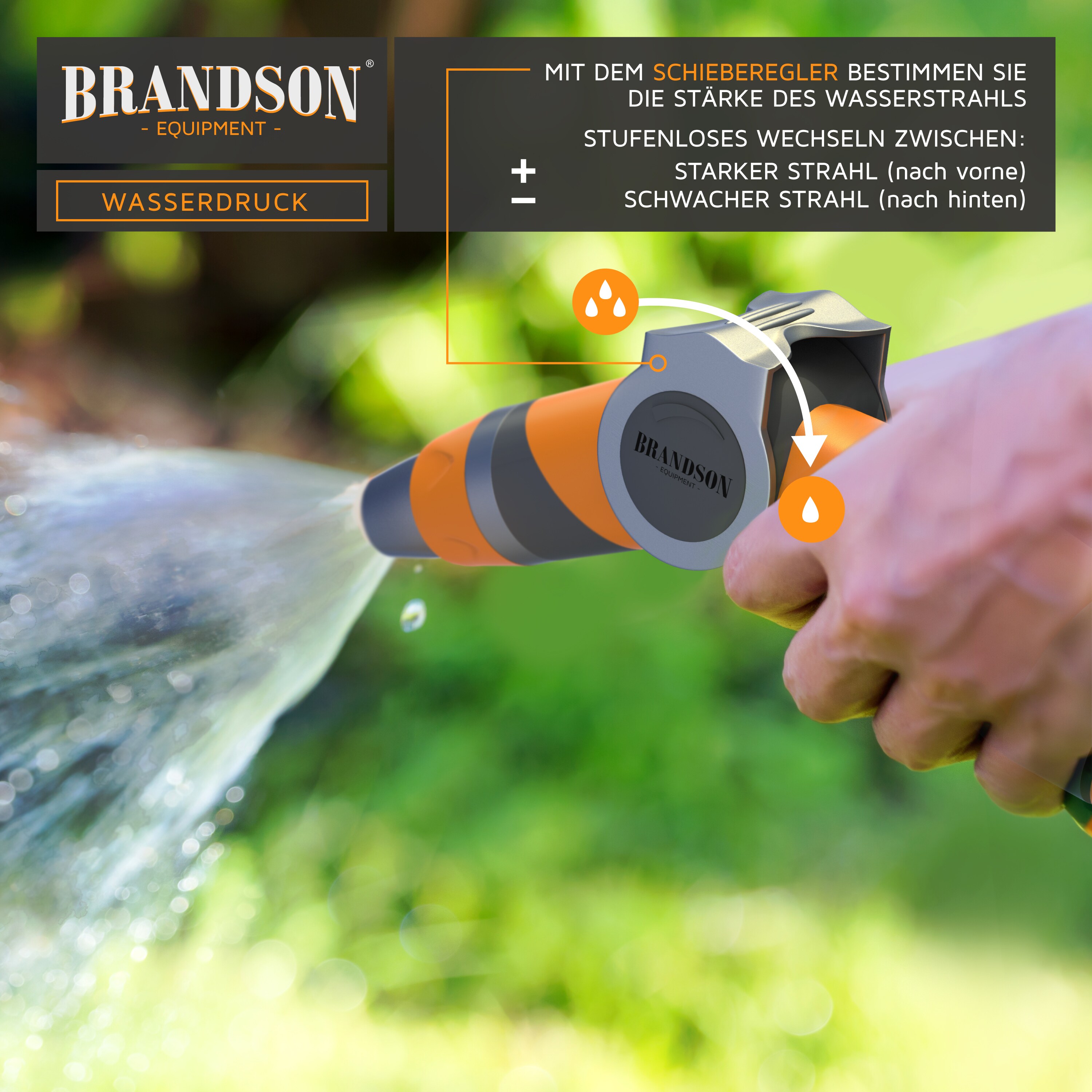 Brandson Gartenbrause - Garten Handbrause für Gartenschlauch - Spritzpistole - robuste Bauweise - Schieberegler - bis 8 bar Wasserdruck - regelbar