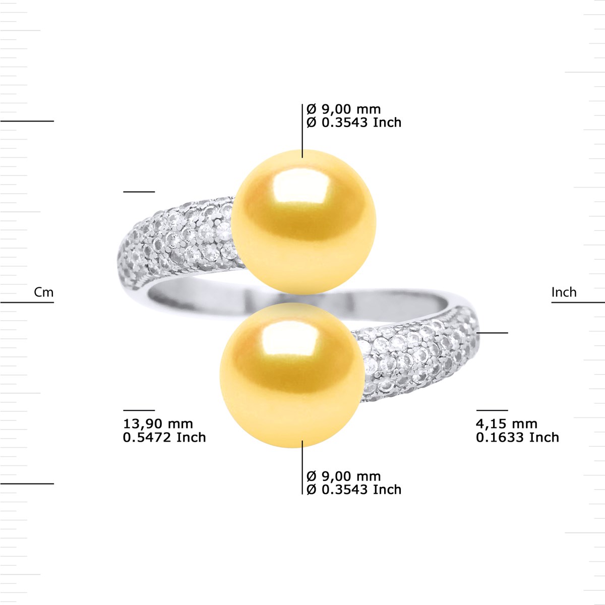 Bague TOI ET MOI 2 Perles d'Eau Douce 9-10 mm Jaunes Dorées Joaillerie Argent 925