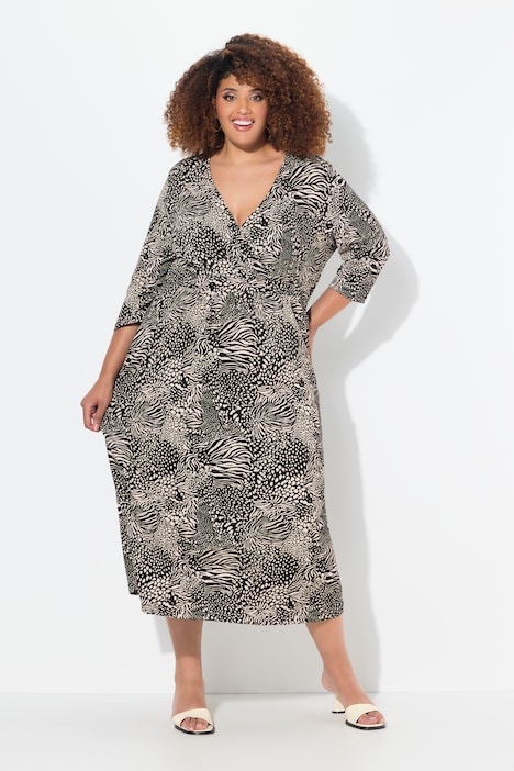 Jersey-Maxikleid, Animal, A-Linie, V-Ausschnitt, 3/4-Arm