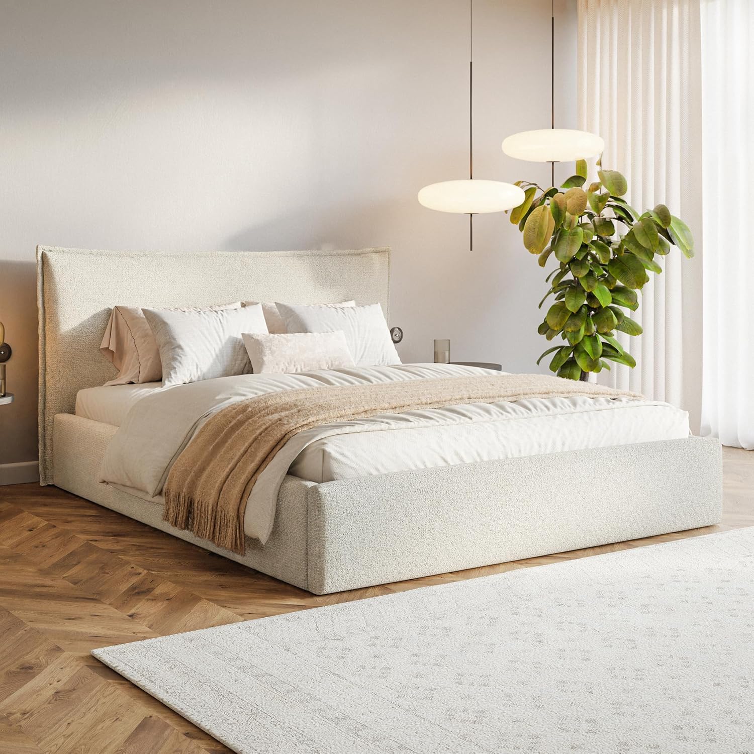 Leno Bett 140x200 Beige Strukturstoff, mit Stauraum, mit Kopfteil, mit Lattenrost, ohne Füße, ohne Matratze, Polsterbett 140x200 mit Bettkasten Beige (Creme)