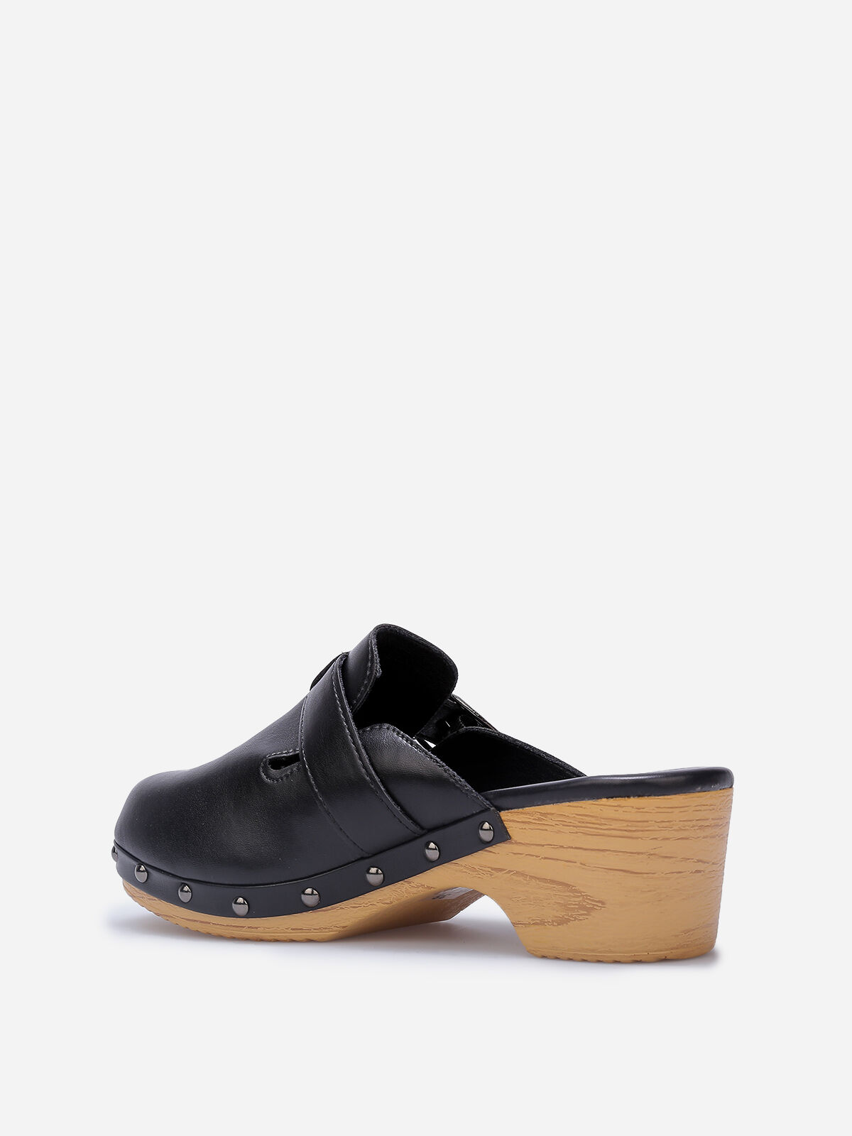 Sabots cloutés à talon effet bois- Noir