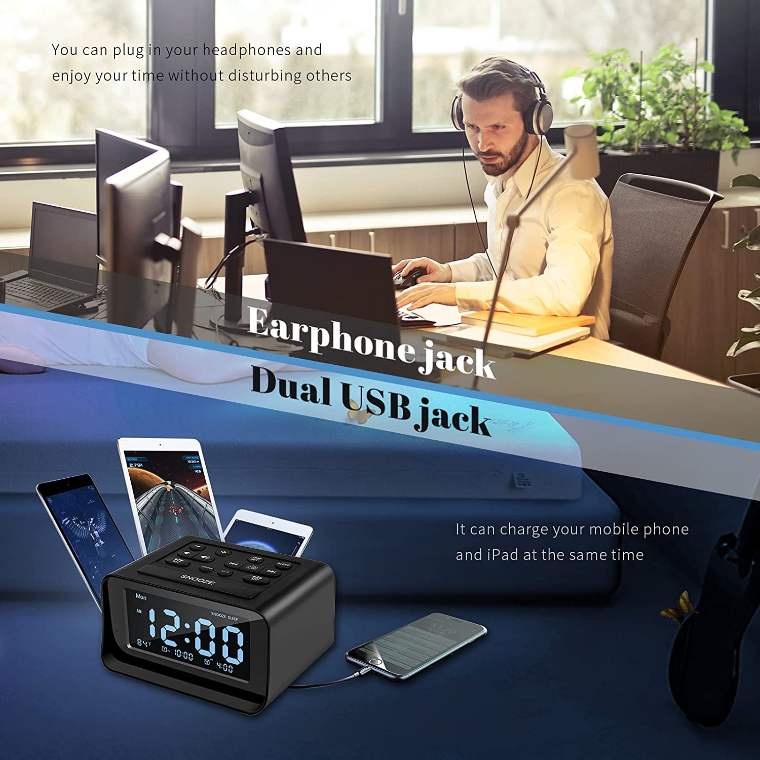 Digitaler LED Wecker mit FM Radio und Thermometer   Dual USB Ladeport / 3.5mm Klinke - Schwarz