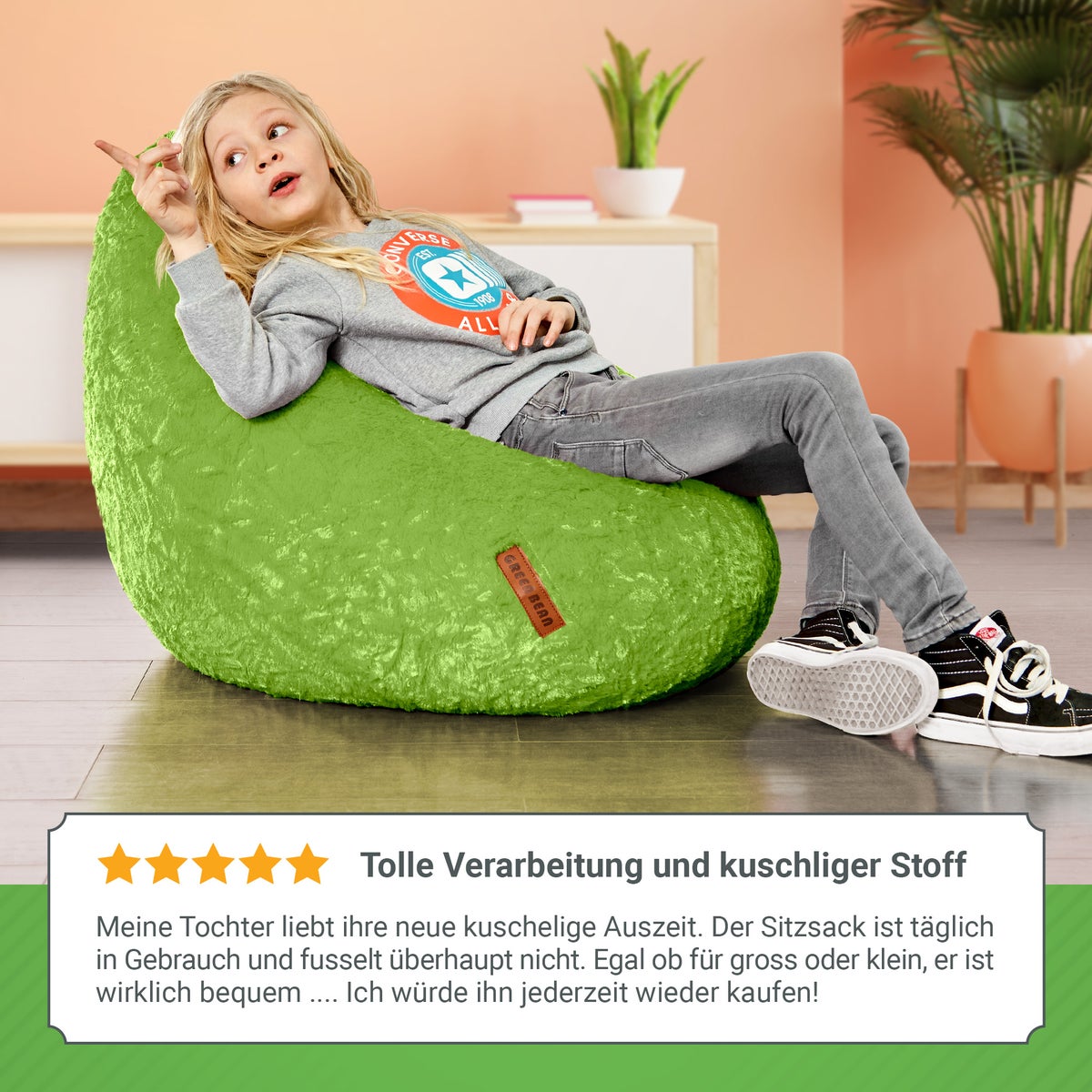 Green Bean Pluche Zitzak 45x45x60cm - Binnenzitkussen met 120L EPS-korrelvulling, comfortabel, wasbaar - Zitzak Vloerkussen, Loungestoelkruk - Groen