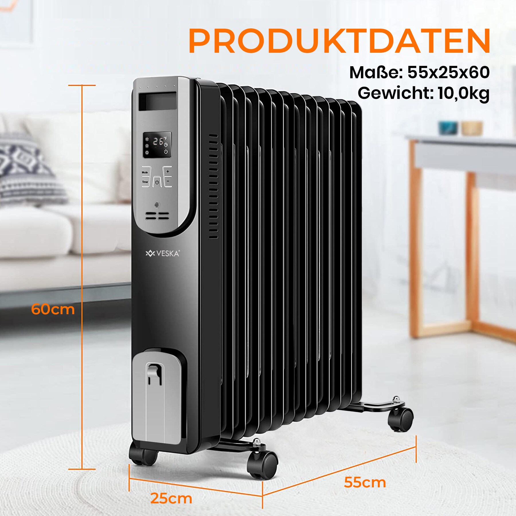 Ölradiator 2500W Elektro Heizkörper mit LCD-Display und Fernbedienung - Schwarz