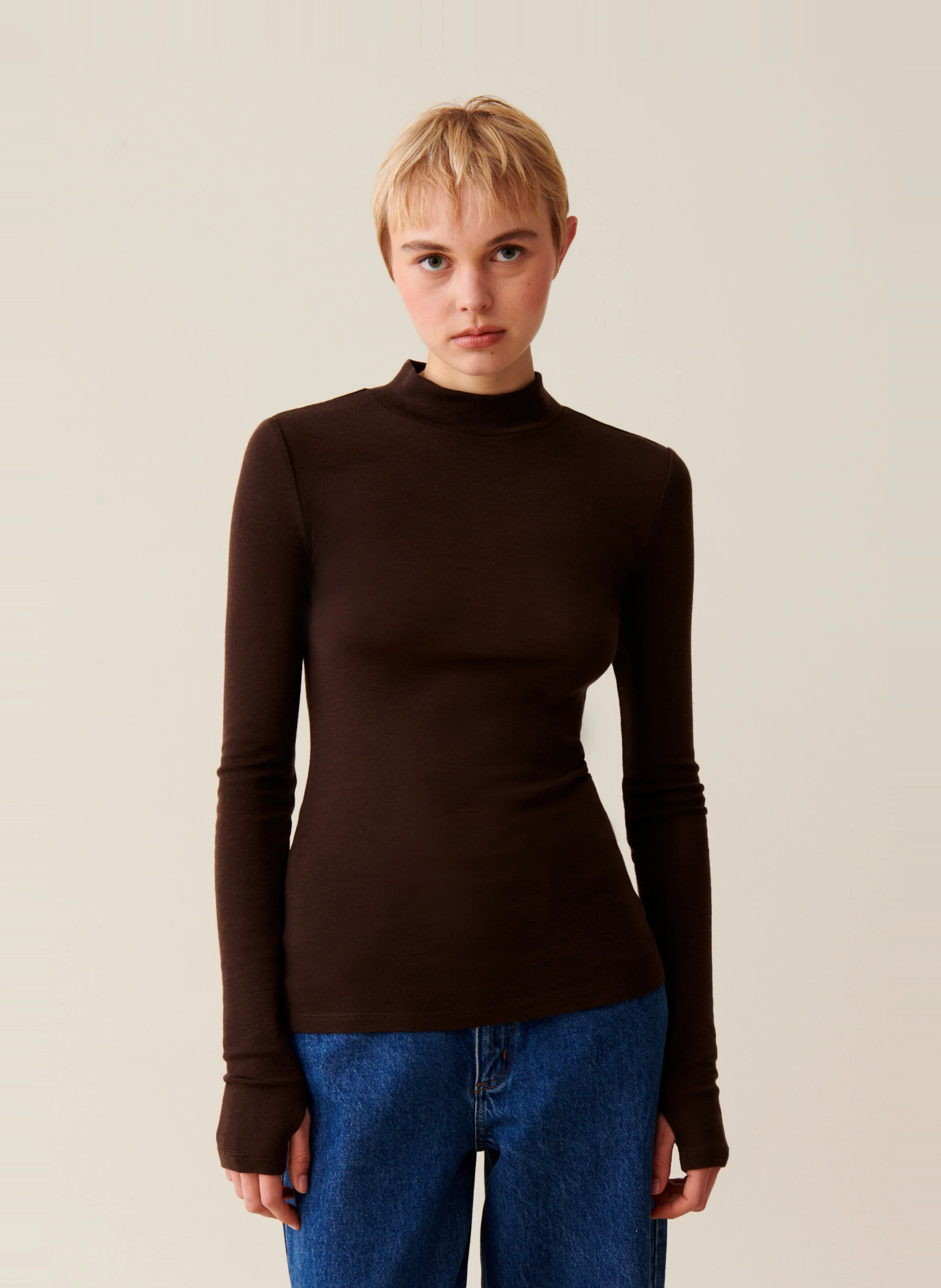 Top en laine manches longues | Marron