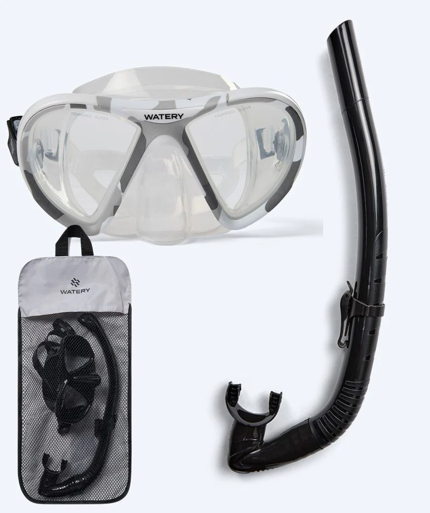 Watery Combo snorkelsæt til voksne (fra 15 år) - Rudder Camo/Itzel - Klar/sort