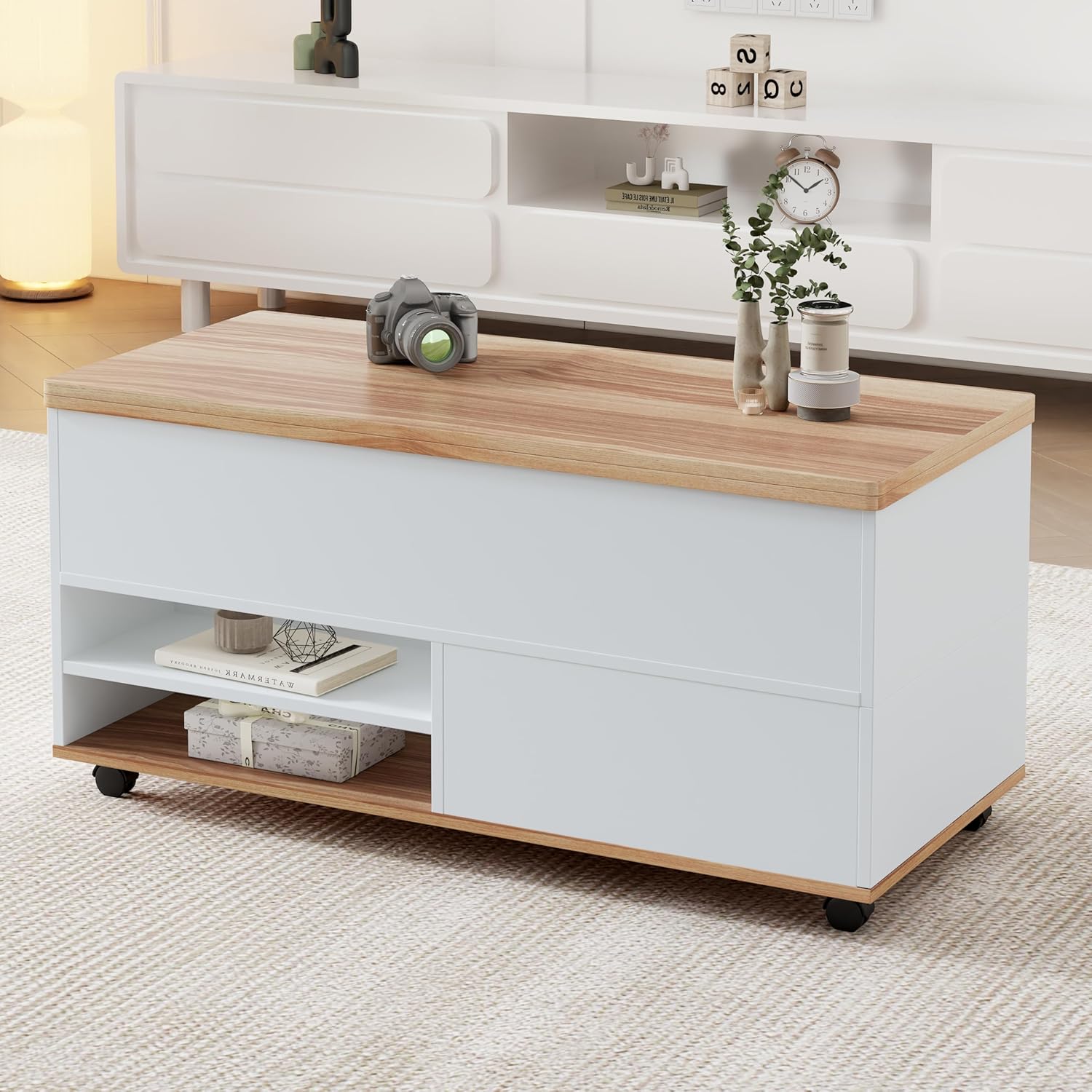 Merax Couchtisch, höhenverstellbarer Wohnzimmertisch, 3-in-1-Multifunktions-Kaffeetisch mit Verstecktem Stauraum & Schubladen & Rollen, Umwandelbar in Esstisch, Sofatisch für Büro, Weiß & Holzfarbe