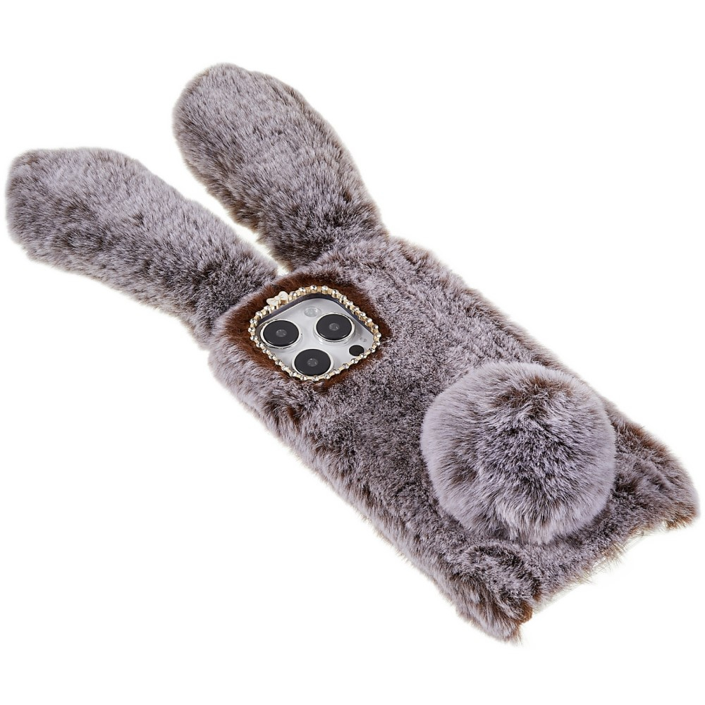 iPhone 14 Pro Max 3D Gummi Plüsch Case Hülle Bunny mit Flauschigen Hasenohren - Braun