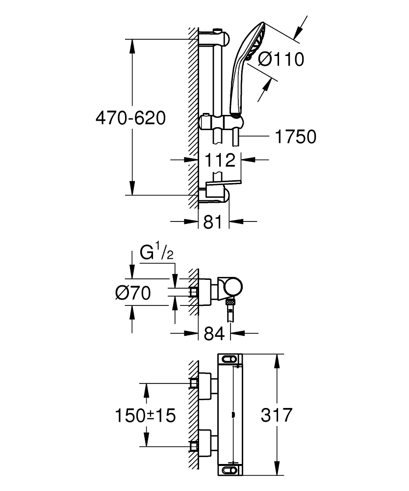 Grohe Grohtherm-2000 Comfortset m. douchekraan thermostatisch m. koppelingen HOH=15cm m. glijstang 60cm en Euphoria handdouche 130mm chroom