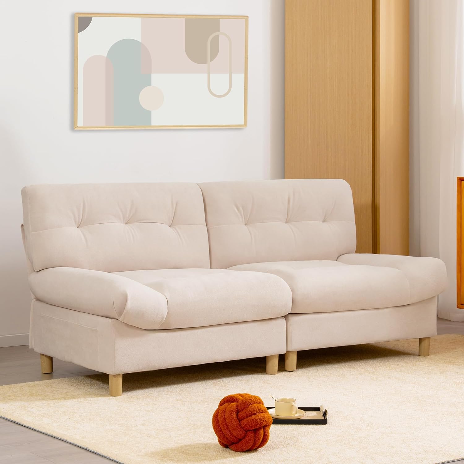 Luxuriöses Sofa in Wolkenform, 201cm Bequemes Teddy-Samtstoff Sofa mit großen Sitzkissen und Rückenlehne, Modernes Polstersofa, Getuftetes Kleine Couch für Wohnzimmer/Schlafzimmer/Büro/Wohnung, Beige