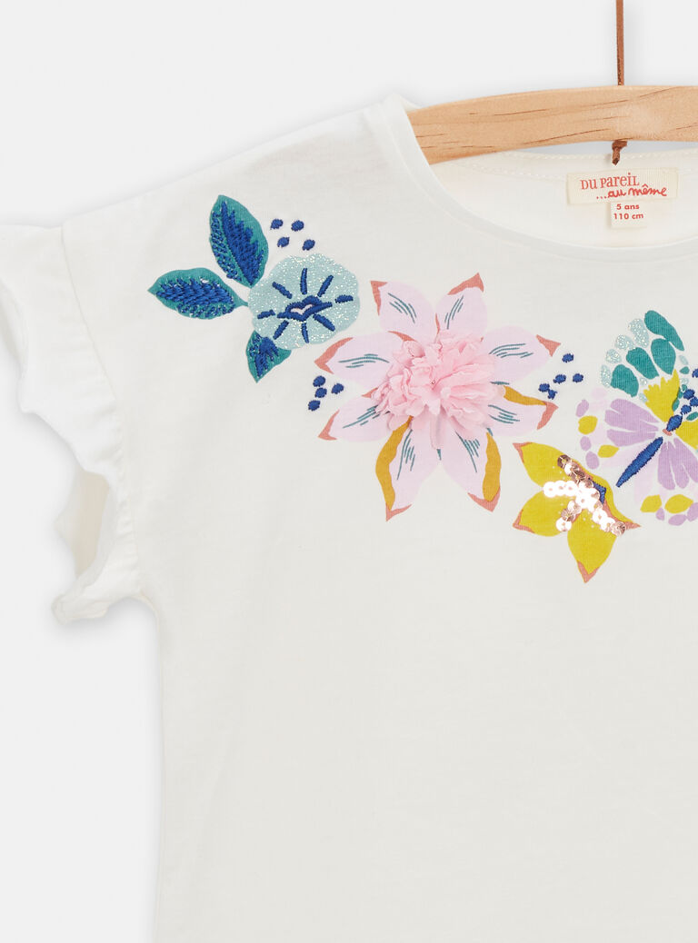 T-shirt écru animation fleurie pour fille