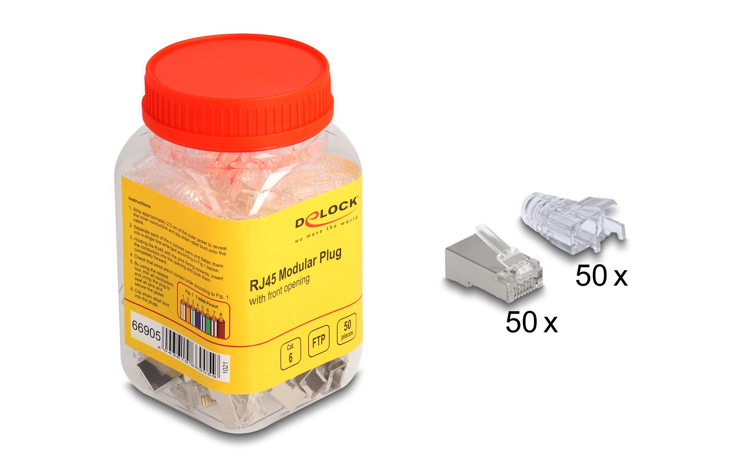 Stecker RJ45, FTP, Cat.6 50 Stück, TransparentDelock RJ45 Modularer Stecker mit vorderer Öffnung (easy connect) Cat.6 und Knickschutztülle 50er Set