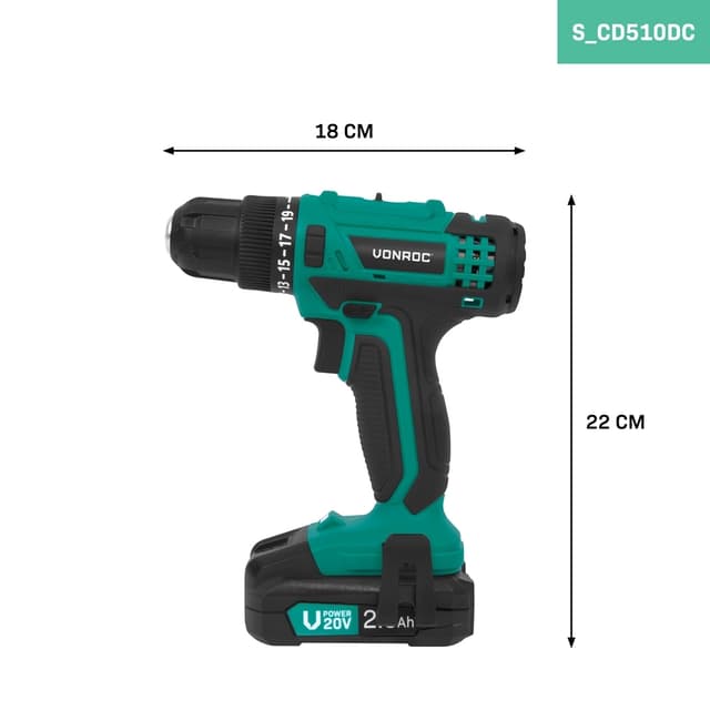 VONROC Bore- /skruemaskine 20V | 19 momentindstillinger | Inkl. 2.0Ah akku og oplader