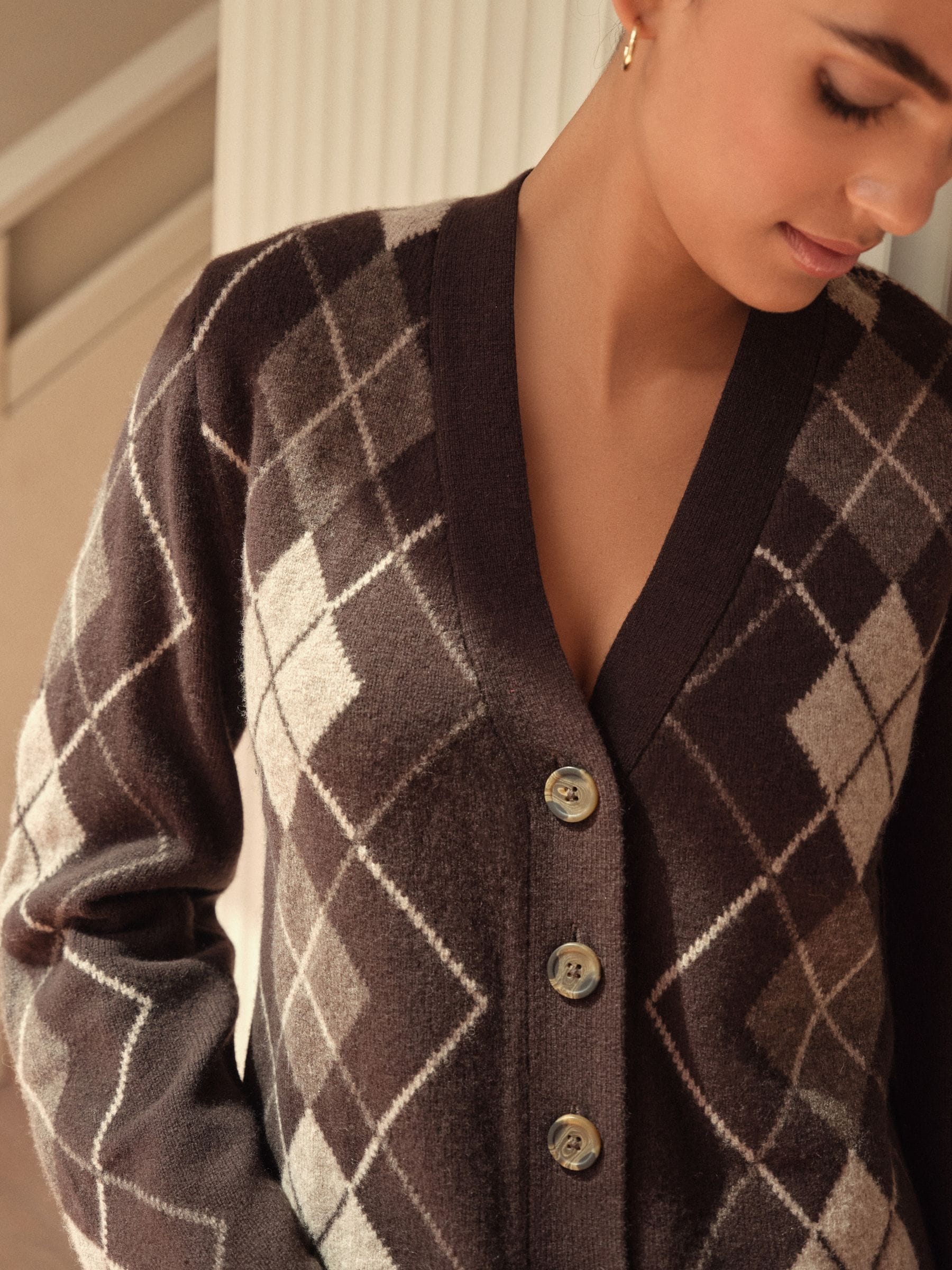 Chocoladebruine Argyle-patroon - 100% merinowollen N. Premium vest