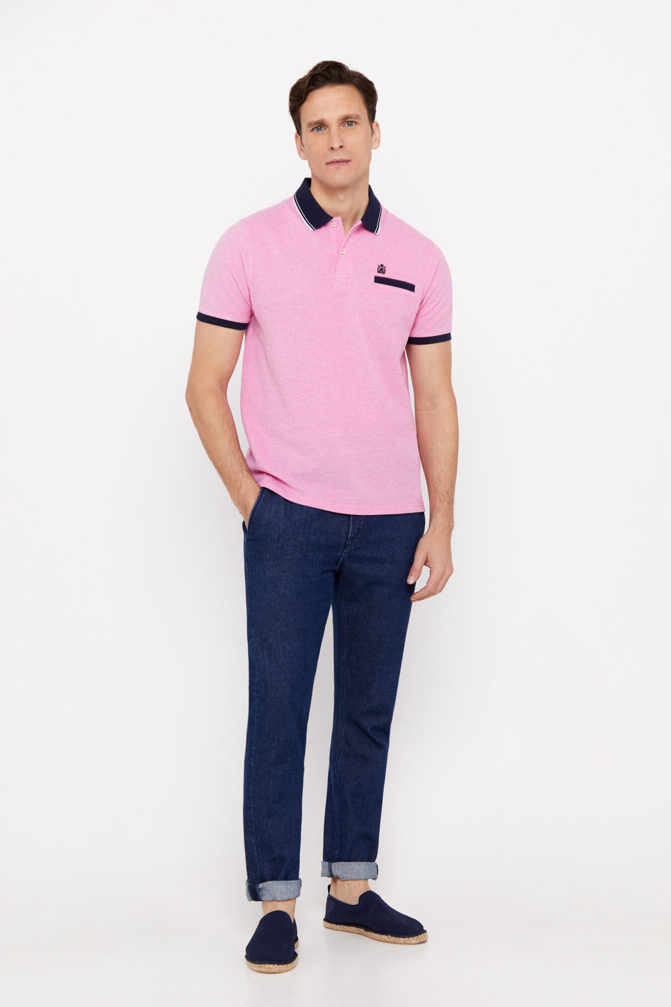 Camisa polo Oxford com gola contrastante - Rosa