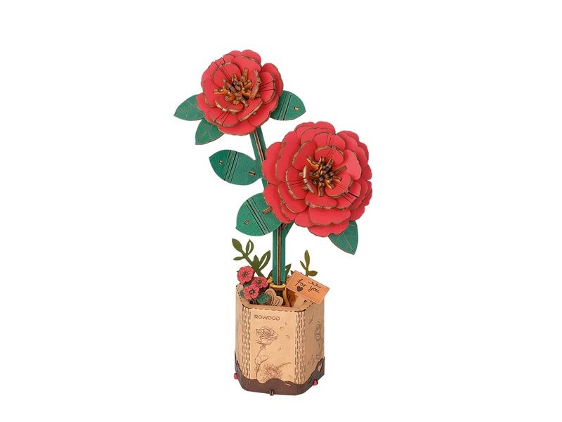 RoboTime Bausatz Red Camellia 113-teilig 3D-Puzzle aus lasergeschnittenen Holzteilen
