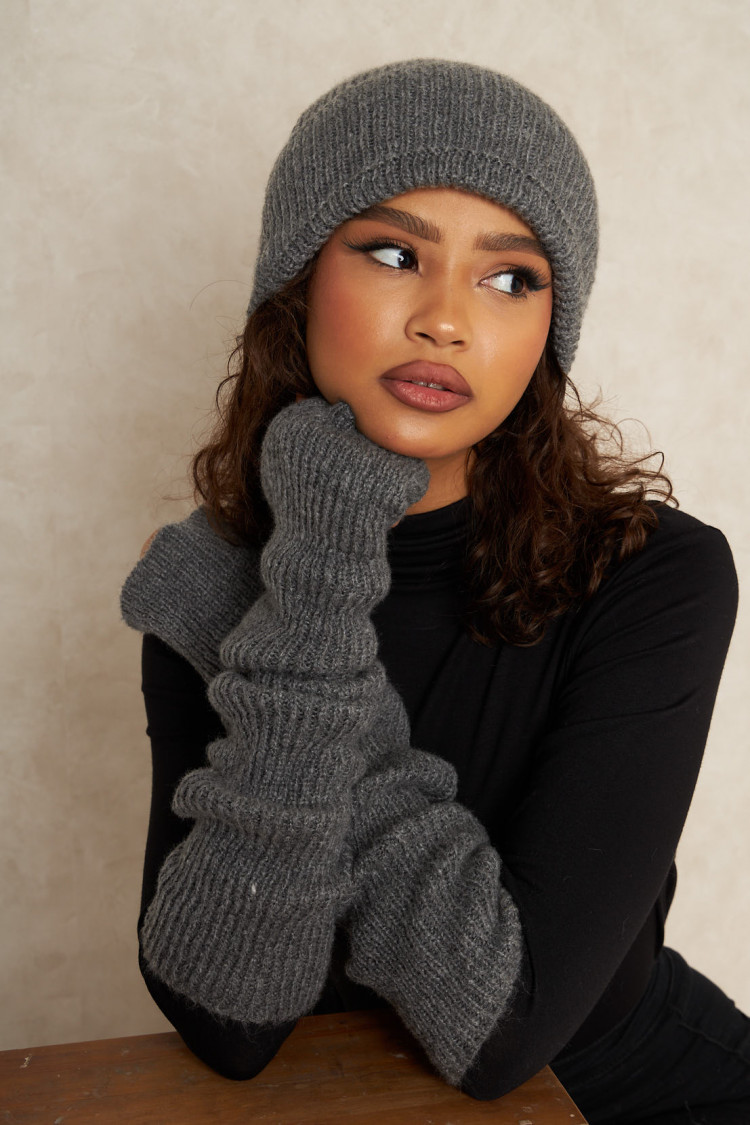 Ensemble 2 pièces bonnet et mitaine en laine gris foncé