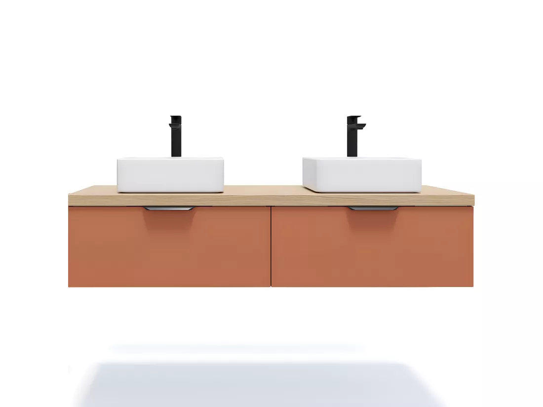 Meuble de salle de bain suspendu 2 vasques à poser 140cm 2 tiroirs Terracotta - Soho