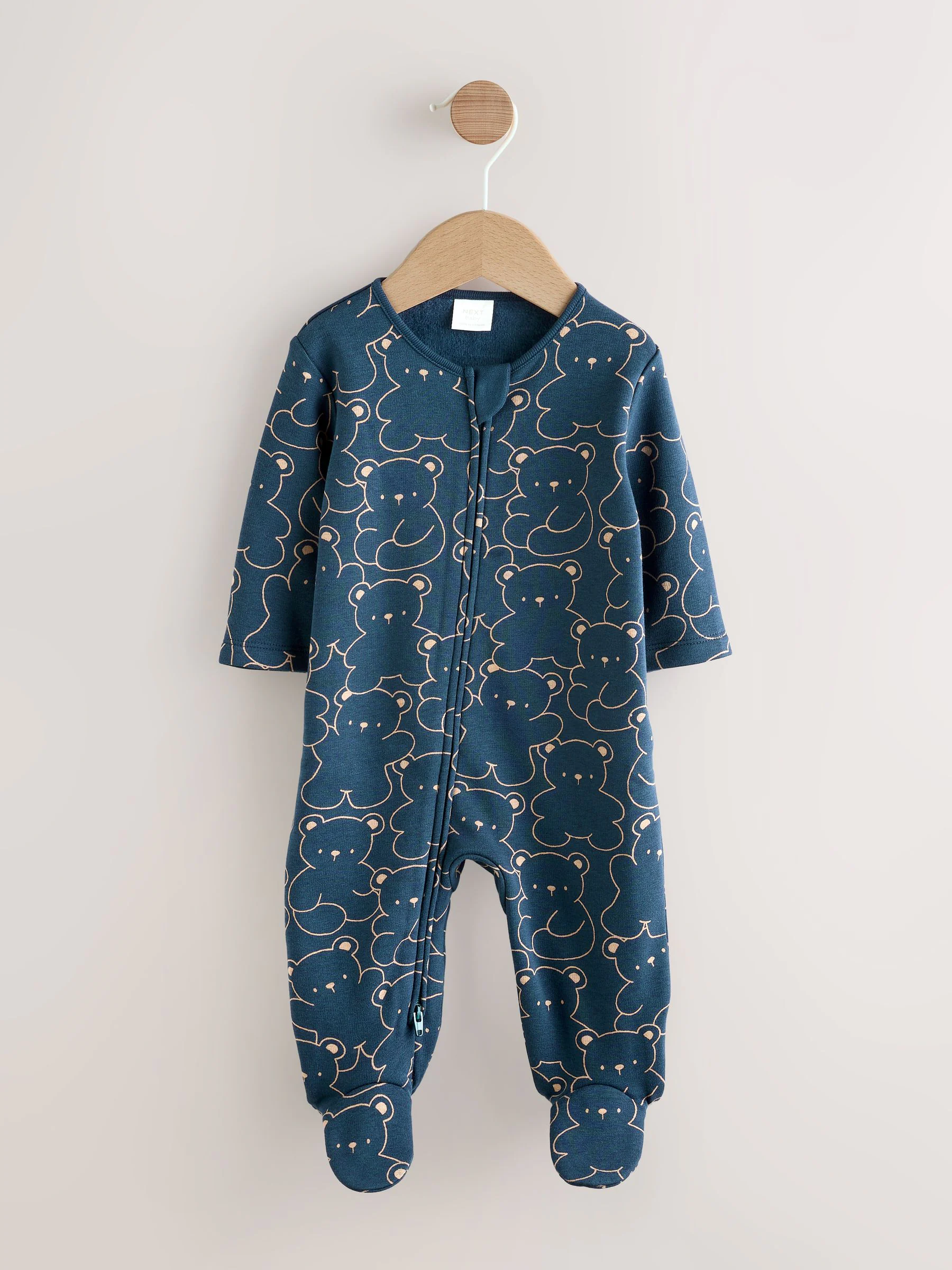 Marineblauw met berenprint - Babypyjama met fleecevoering