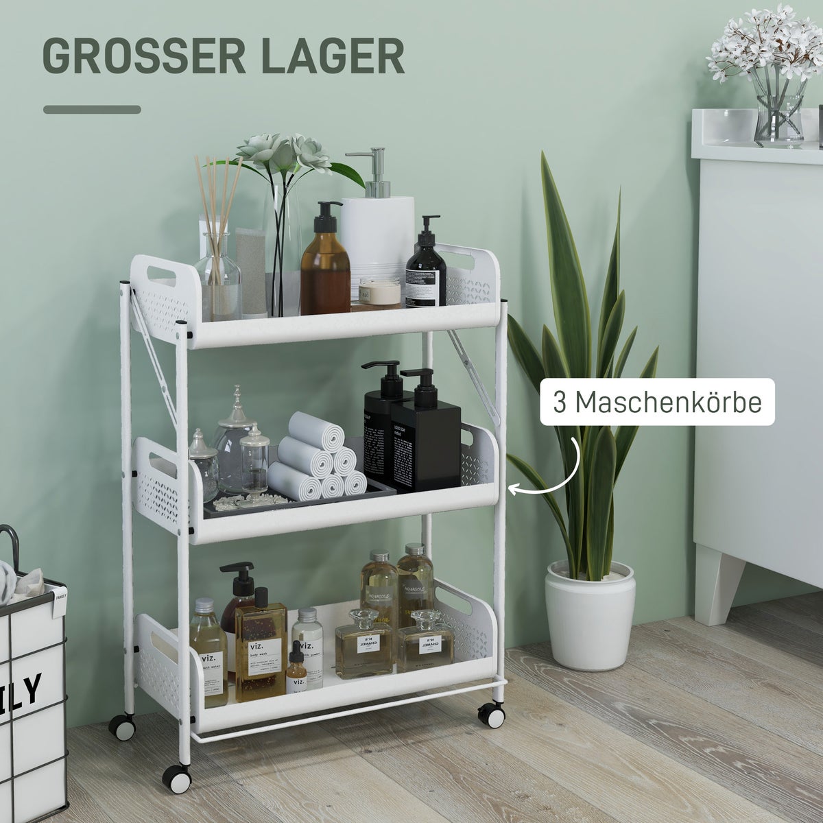 HOMCOM 3-laags serveerwagen, opvouwbare keukenwagen, opbergwagen met 3 gaasmanden voor keuken, woonkamer, staal, wit