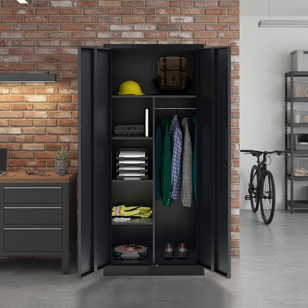 STEELSØN Regulus Metallschrank abschließbar – Garderobenschrank mit 6 Fächern und 1 Kleiderstange – Spind Schrank mit Doppeltüren – Mehrzweckschrank Schwarz – Kleiderschrank Metall 175x40x80 cm