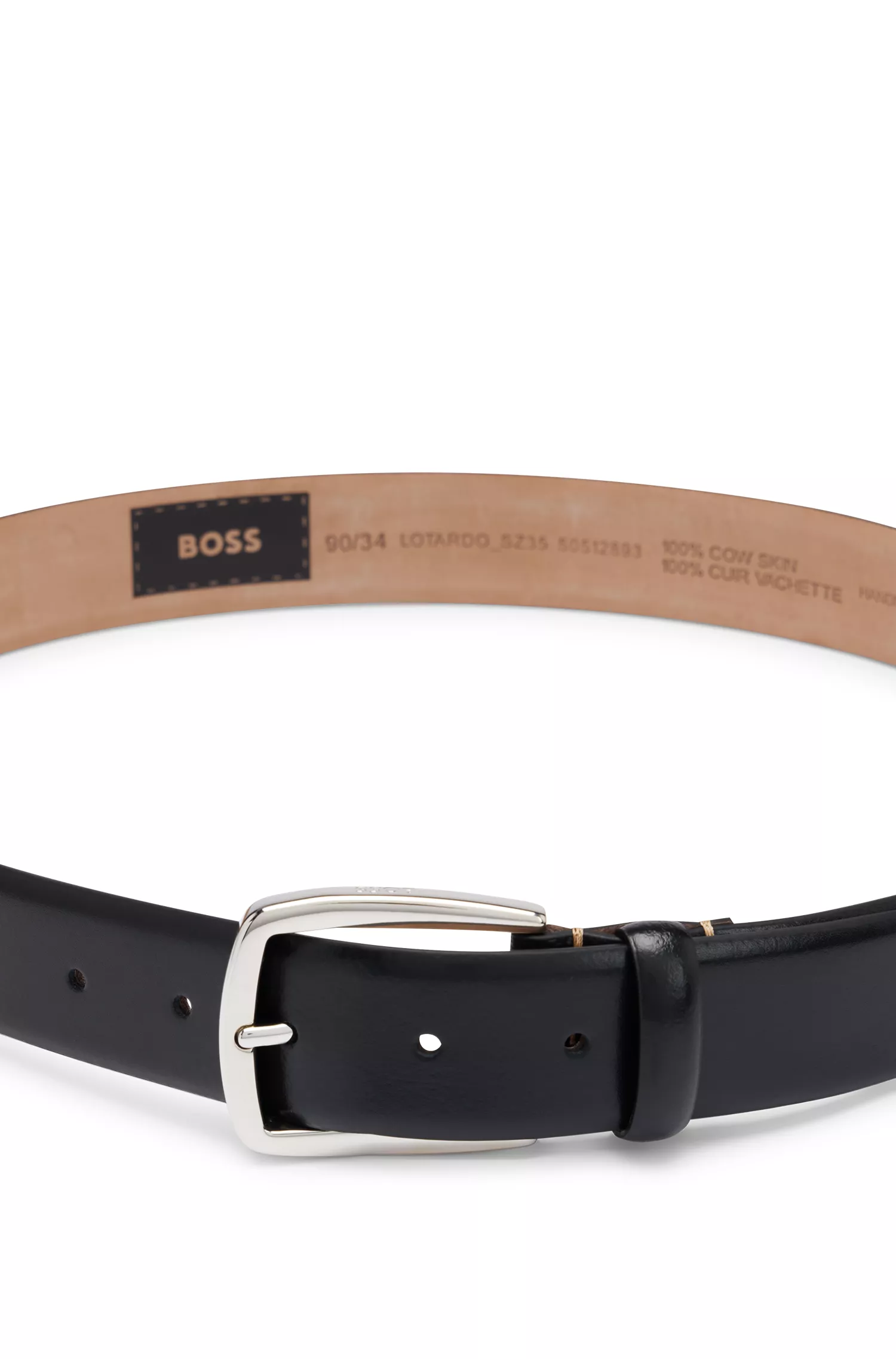 Cinto BOSS em couro italiano preto com costura contrastante.