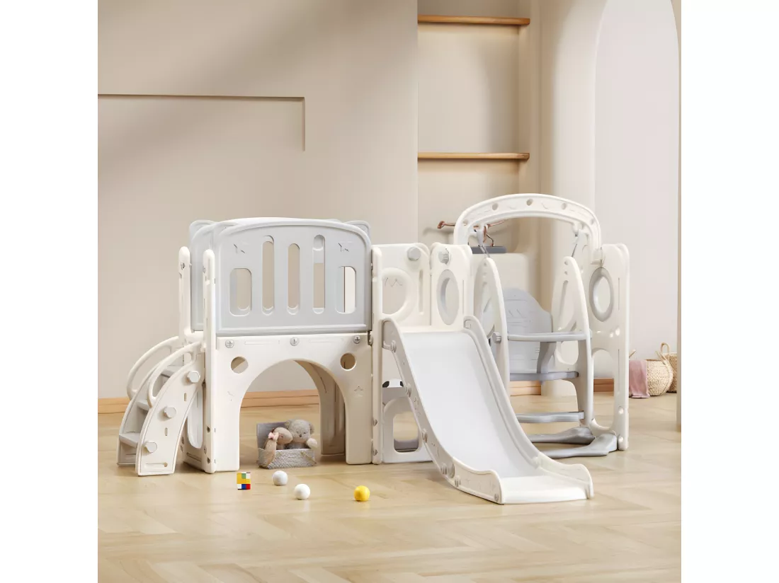 Toboggan 7-en-1 pour enfants, comprenant un toboggan, une balançoire