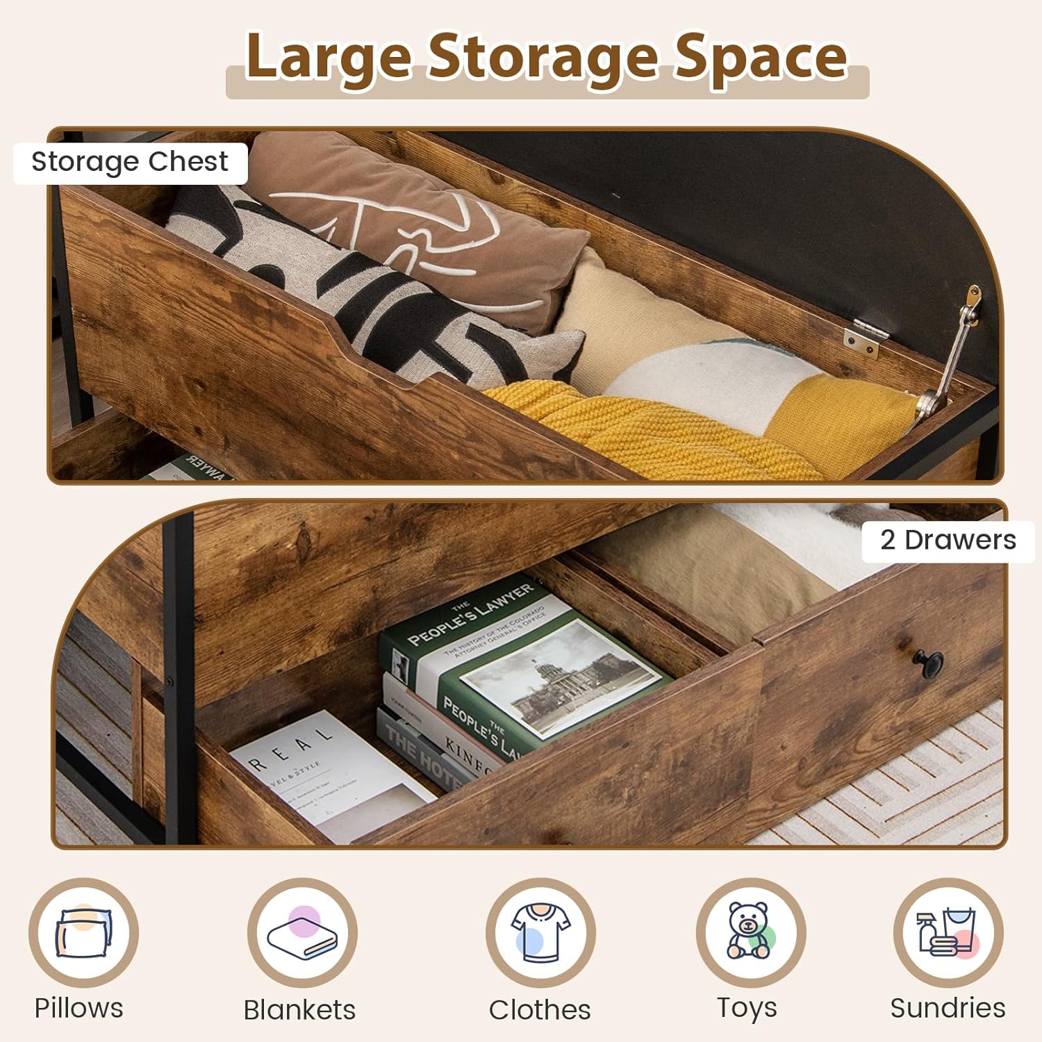 HOMASIS Sitzbank mit Stauraum, Schuhbank mit gepolstert Sitzfläche, Sitztruhe mit 2 Schubladen, aufklappbar Schuschrank mit verstellbaren Fußstützen, Betttruhe Vintage, 150kg belastbar, 101x41x58cm