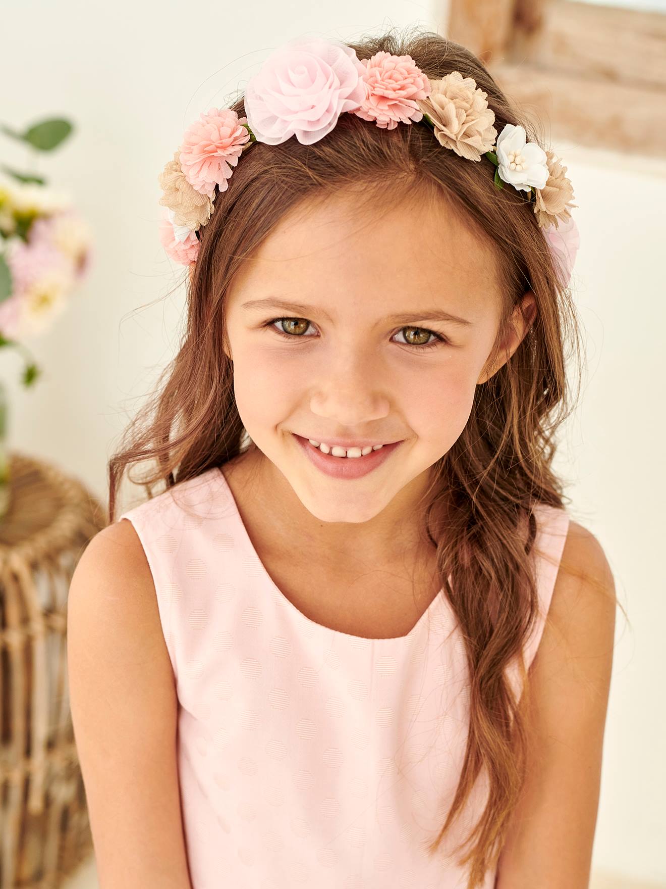 Coroa de flores rosa para menina, rosa claro liso