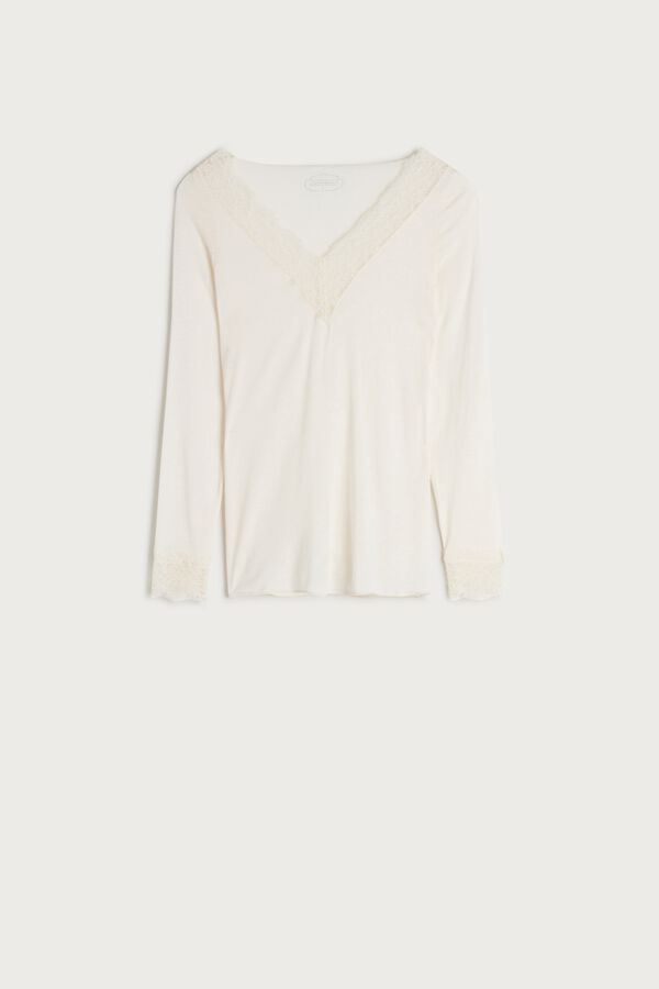 Camiseta de manga comprida em renda, modal e cashmere ultraleve.