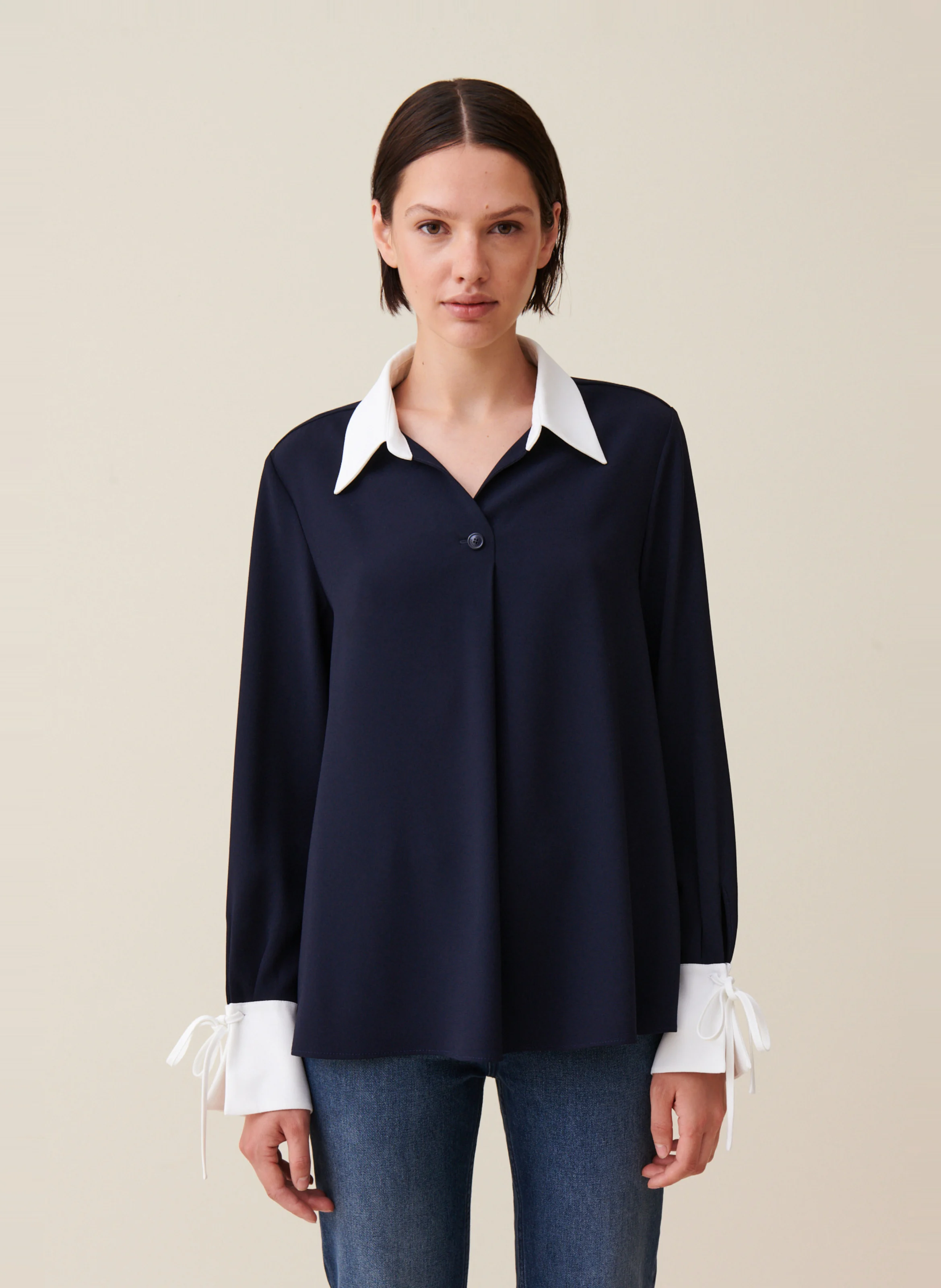 Blouse fluide à col contrasté | Multicolore