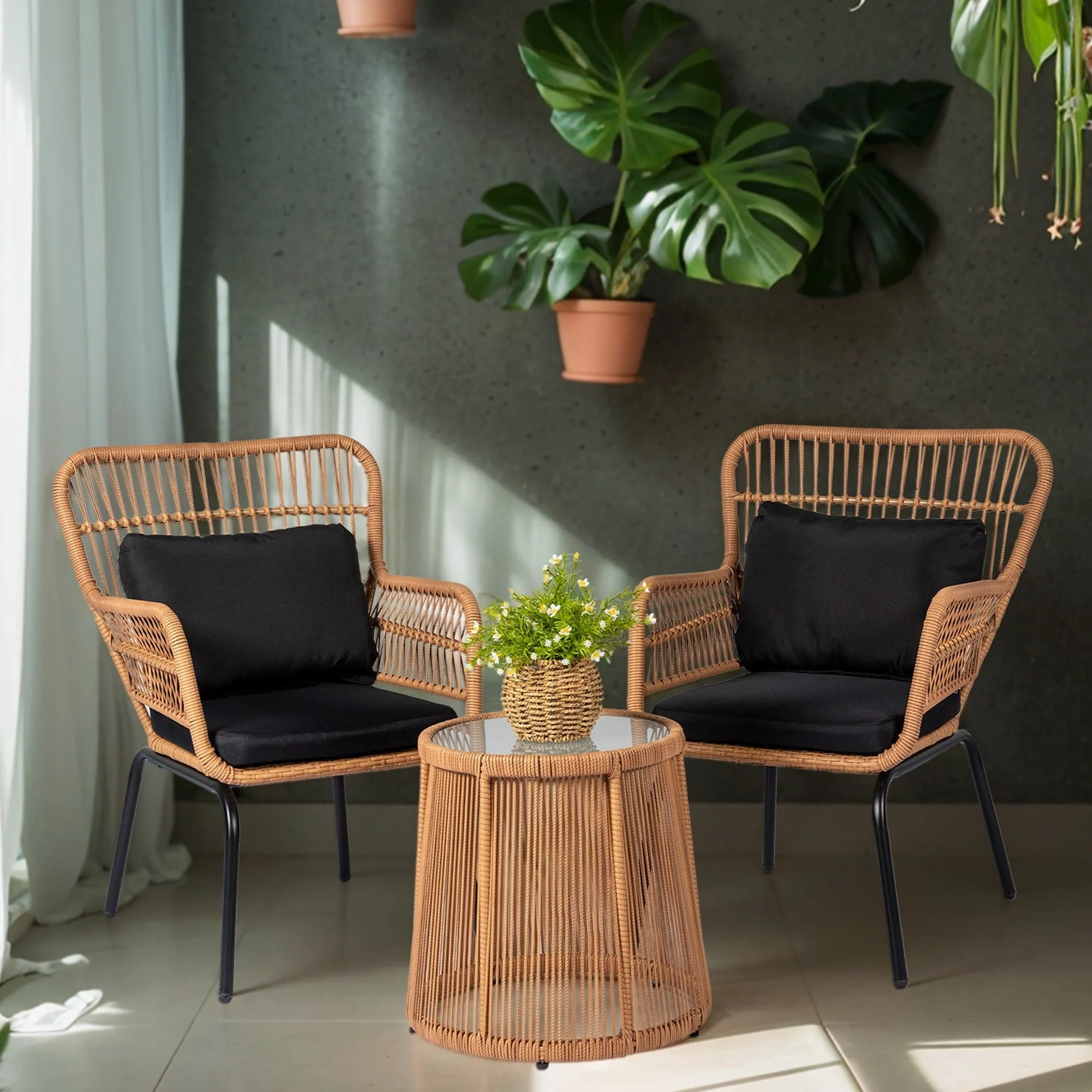 3 Piece Outdoor Wicker Conversation Bistro Set, All-Weather Rattan Furniture Patio Chairs Set with Cushions