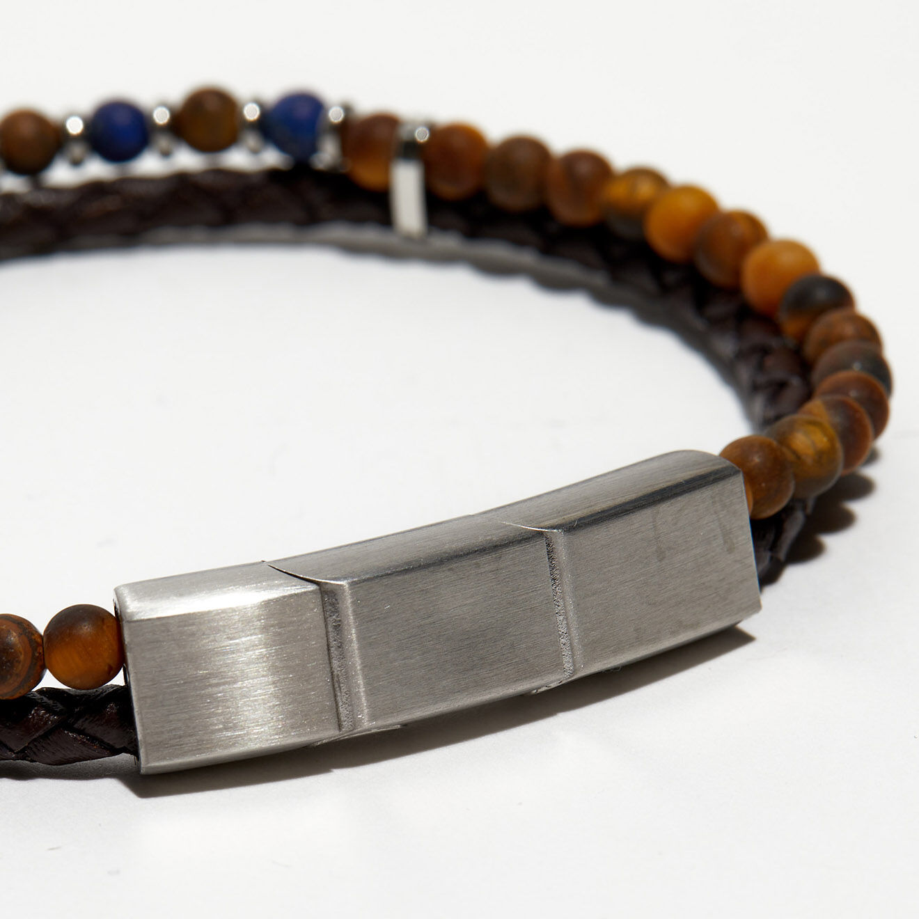 Jacobson Bracelet double tour Blaise en Cuir, Oeil de tigre & Lapis