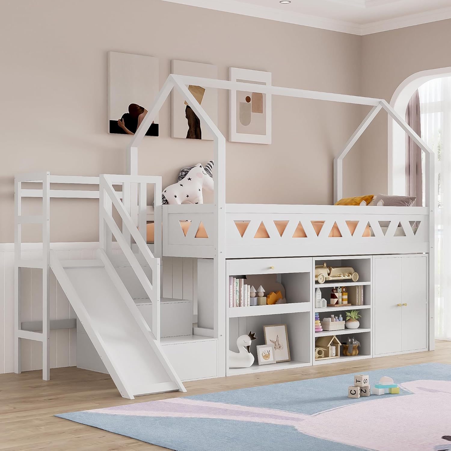 Merax Kinderbett Hochbett 90x200 cm, mit Treppe Staufach Stauraum,Rutsche,Schreibtisch,Schließfach,Platzsparendes Kinder Einzelbett mit Lattenrost und Rausfallschutz,Ohne Matratze,weiß,90 * 200cm