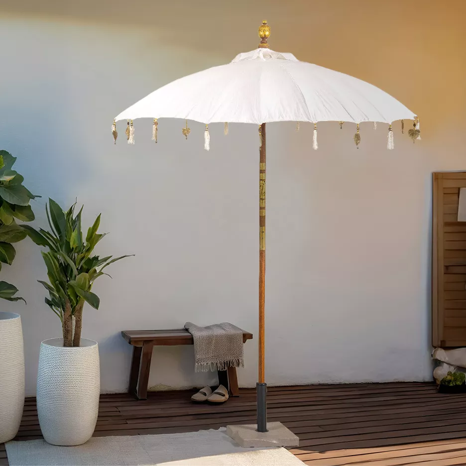 Parasol de jardin rond avec ornements (D2 m) Cuzco Blanc cassé