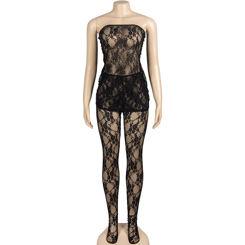 Erodite - Set: Strapless kanten mini-bodyconjurk + kanten panty