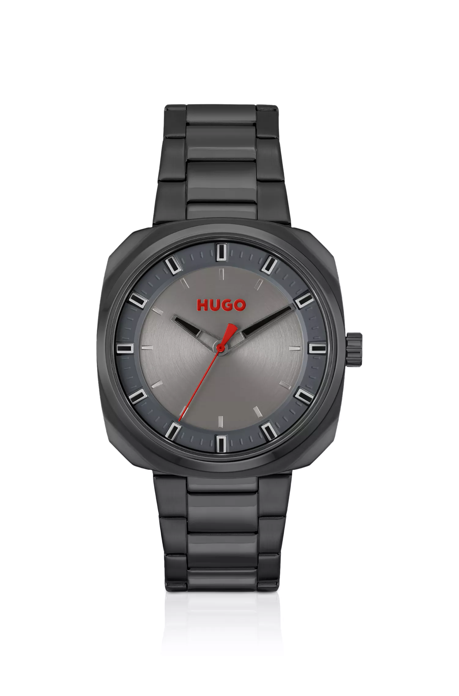 Relógio HUGO com revestimento em vermelho e preto e pulseira de elos.