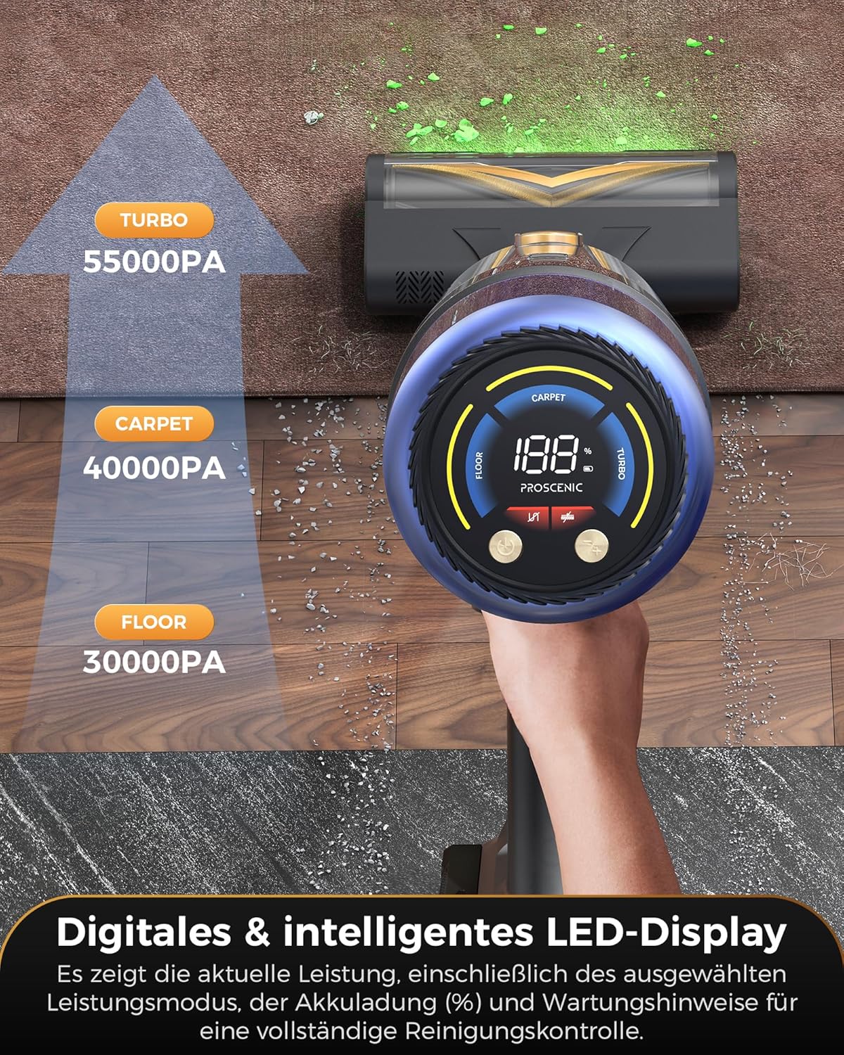 Proscenic P15 Staubsauger Kabellos, 70 Mins 55KPa 600W Akku Staubsauger Selbststehend mit Touchscreen Grünes Licht 6 Schichten Filter, akkusauger für Teppiche Hartböden Haustierhaare Auto, Gelb