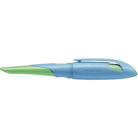 Ergonomischer Schulfüller für Linkshänder mit Standard-Feder M - STABILO EASYbirdy in himmelblau/grasgrün - Einzelstift - inklusive Patrone und Einstellwerkzeug - Schreibfarbe blau (löschbar)
