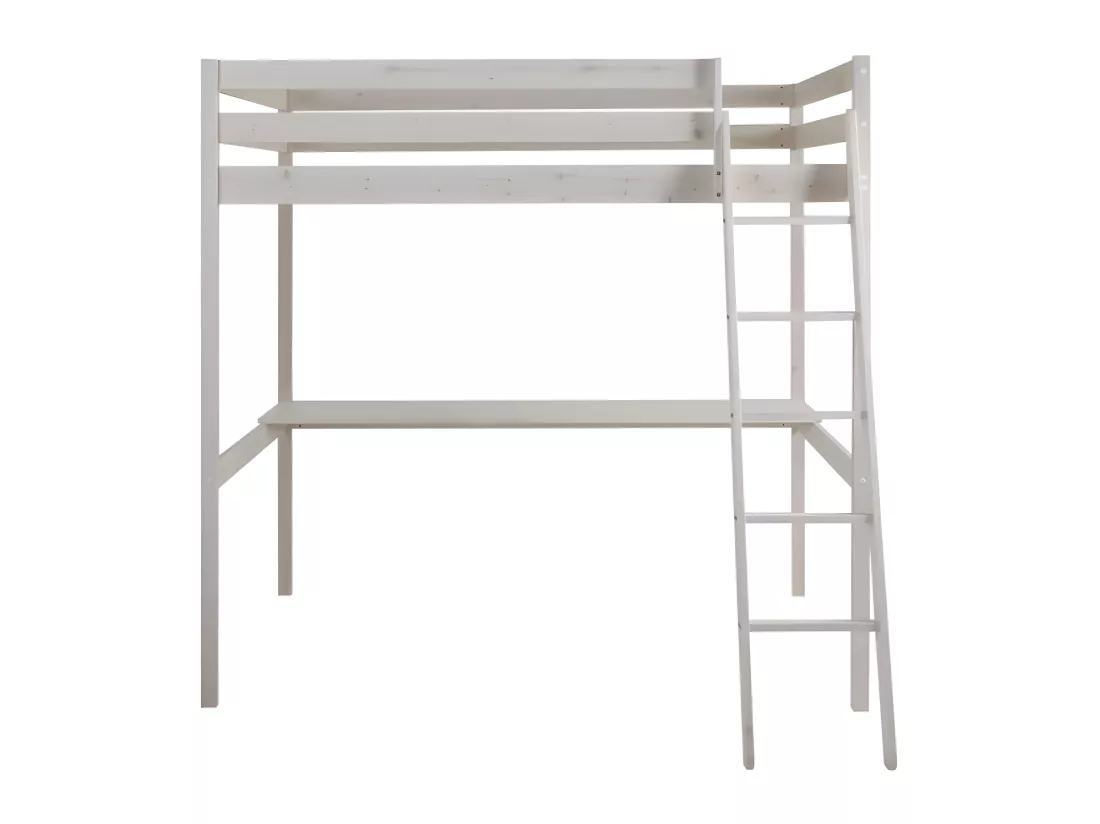 Lit mezzanine GEDEON II - 140 x 190 cm - Avec bureau - Pin massif - Blanchi