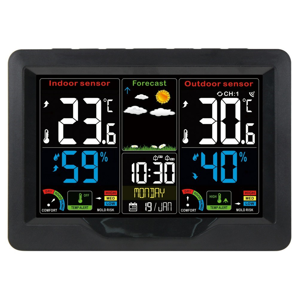 (2-tlg. Set) Wireless Wetterstation Digital Thermometer / Hygrometer / Wecker mit Wettervorhersage   Aussensensor (Batteriebetrieben) - Schwarz