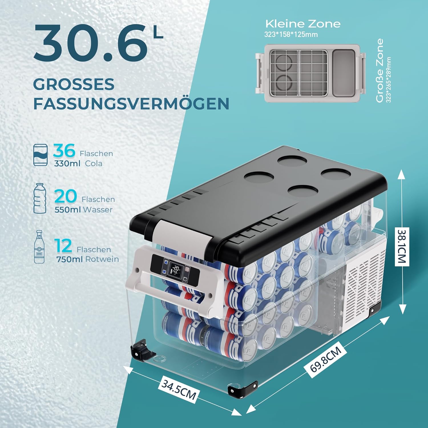 EUHOMY 30,6L Kompressor Kühlbox 12V/24V DC - Kühl-Gefrier-Kombi (-20℃~20℃) mit App & LCD-Display | Tragbarer Campingkühlschrank für Wohnmobil, Auto, Boot | 3-Stufen-Batterieschutz (ECO/MAX), ≤45dB