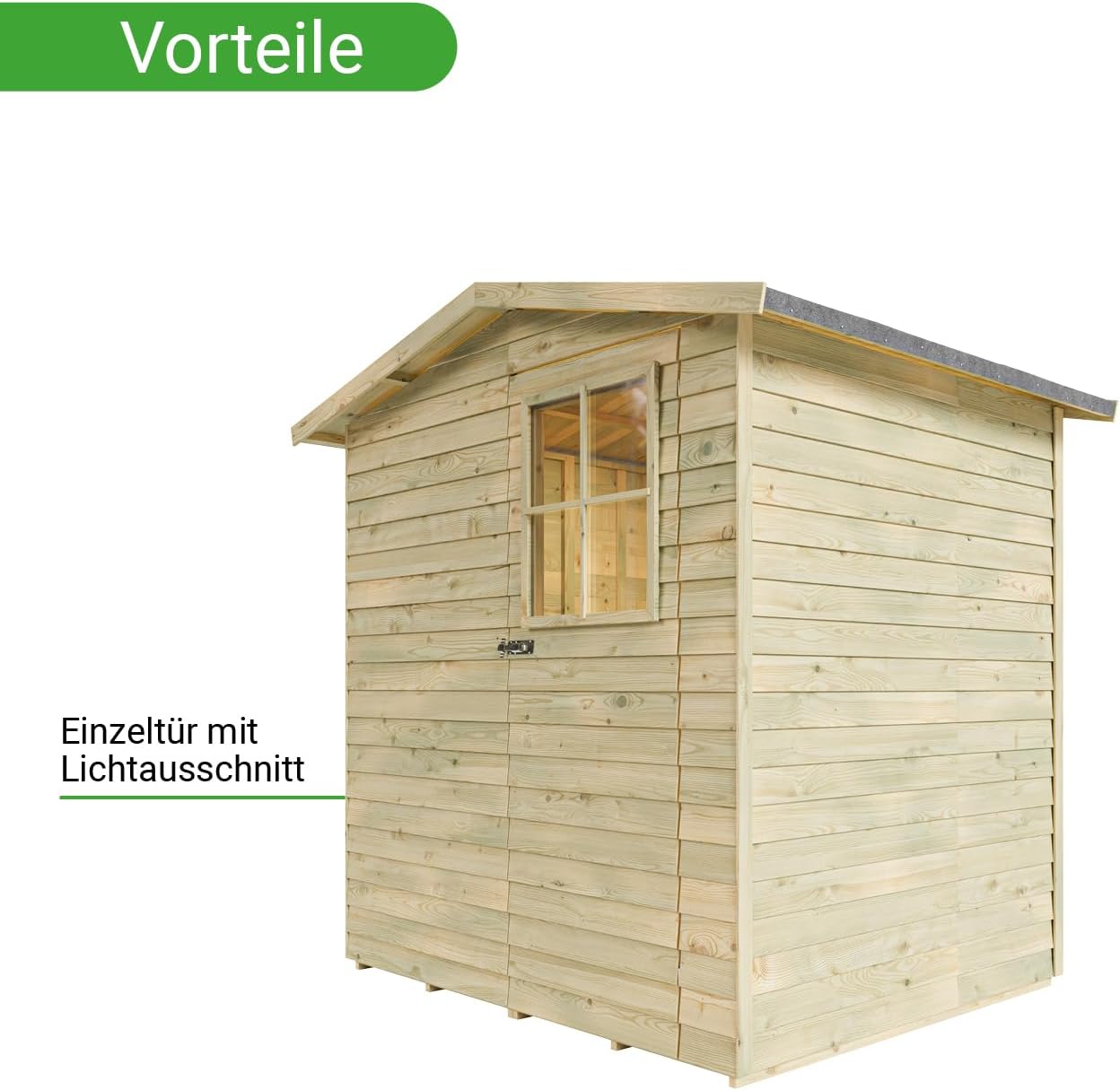 Gerätehaus Dortmund 1 | Gartenhaus | Wandstärke 9 mm | Kesseldruckimprägniert | BxTxH: 180 x 145 x 210 cm | Einzeltür mit Lichtausschnitt | Inkl. Dachpappe + Beschläge