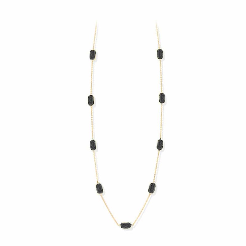Collier Sautoir Argent Doré Galet Cristal Noir