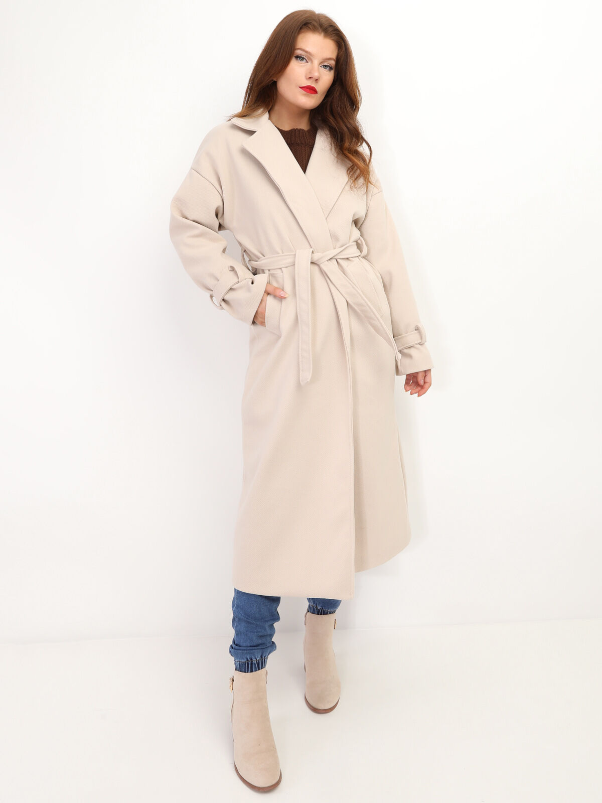 Manteau long oversize à ceinture- Beige