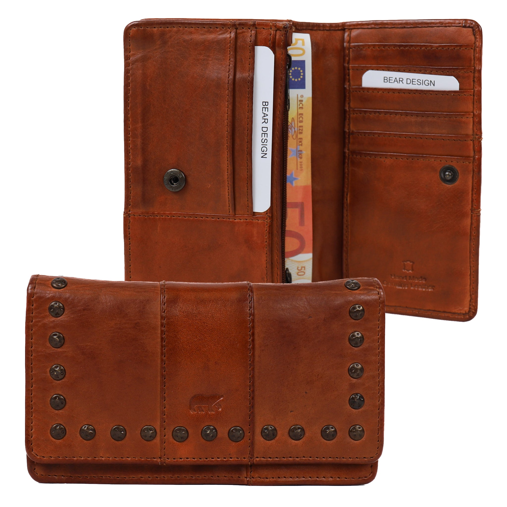 Overslag portemonnee 'Emma' cognac studs Cognac