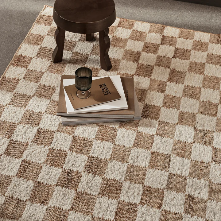 Ferm Living - Check Woll-Jute Teppich, 140 x 200 cm, coffee / natural