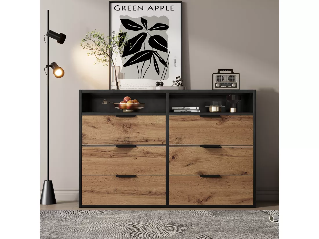 Commode avec 6 tiroirs et 2 compartiments, buffet, anti-basculement, 120 x 40 x 80 cm, verre ambré et panneau de particules, chêne
